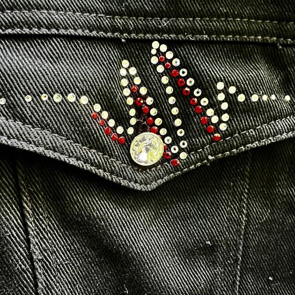 Christine Alexander Black Denim Jacket Sz L Swarovski Crystals Studs Motorcycle - Picture 8 of 10